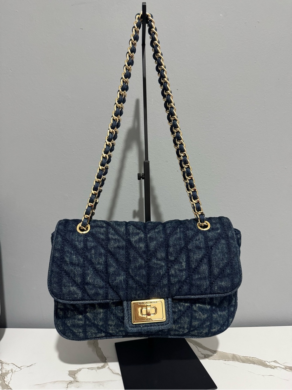 Karl Lagerfeld Quilted Dark Blue Chain Shoulder Bag with Gold Hardware